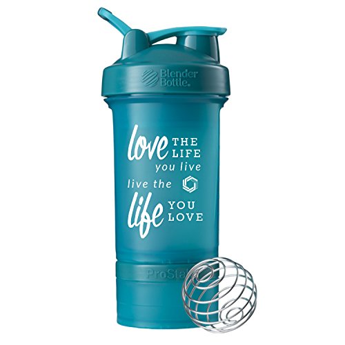 GOMOYO Motivational Quotes on Blender Bottle Brand ProStak Shaker Cup, 22 Ounce Protein Shaker Bottle with BlenderBall Whisk and Two Twist n’ Lock Attachable Containers (Love Life - Teal)
