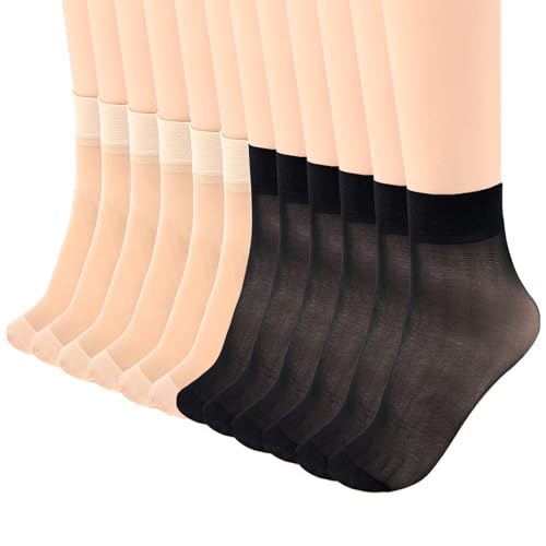 HekouJiub 12 Paar Nylon Damen Strümpfe Dünne Nylonstrümpfe Damen 20D Kurze Feinsöckchen Atmungsaktive Nylon Socken Feinstrumpfsöckchen Transparente Söckchen Verstärkte Zehenpartie (Schwarz, Hautfarbe)