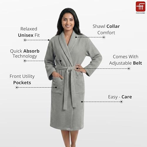 Image of Fash Home-Unisex Bathrobe-Waffle design at Top & Soft TerryTowel inside for quick absorbancy and softness -100% Soft Cotton |Full Size | Perfect for Royal Elite Class Men /Women /Couples (Natural Grey)
