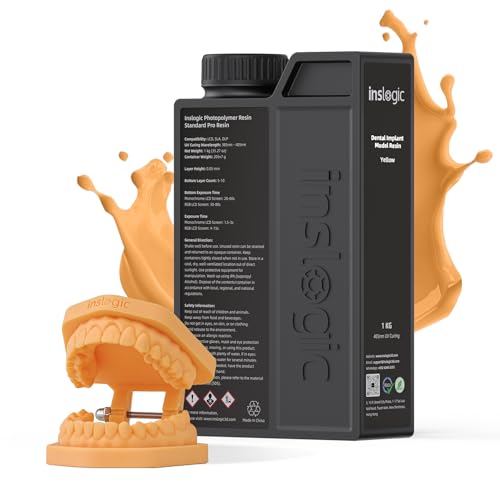 Inslogic Resina para impresora 3D modelo de implante dental, alta precisión y bajo encogimiento, resina curada UV 405nm para modelos dentales, prótesis, ortodoncia, investigación (Amarillo, 1kg)
