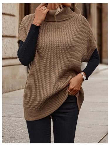 MakeMeChic Women's Turtleneck Short Sleeve Sweater Knitted Drop Shoulder Pullover Top3