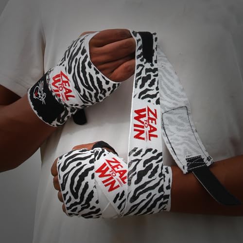Image of Mexican-Style Boxing Hand Wraps - Breathable Stretch Cotton /Poly, 2 inch Wide with Hook & Loop, CAT Skin Graphic & Zeal to Win Slogan 2.5 Meter