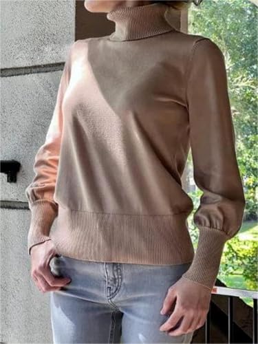 Image of Camel Turtleneck Sweaters for Women Long Sleeve Pullover Knit Tops M | Lantern Sleeve, Mock Turtleneck, Classic, Dressy Casual, Capsule Wardrobe for Women 2026 Trendy, for Work Office