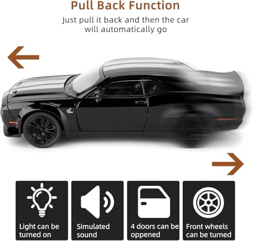 Image of 1:22 Dodge Challenger SRT Hellcat Model Car - Green Diecast Vehicle Toy with Pull Back Function, Lights & Sounds | Collectible Toy Car Model for Adults & Kids Birthday Gift (Black)