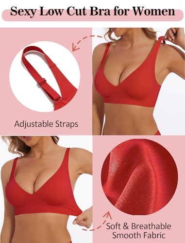 Image of Deep V Bra Wireless Sexy Push Up Bralette Padded Seamless Jelly Bra | Low Cut Plunge V-Neck, Wide Straps, Back Smoothing, Bras for Women No Underwire, Soft Comfortable Bralettes