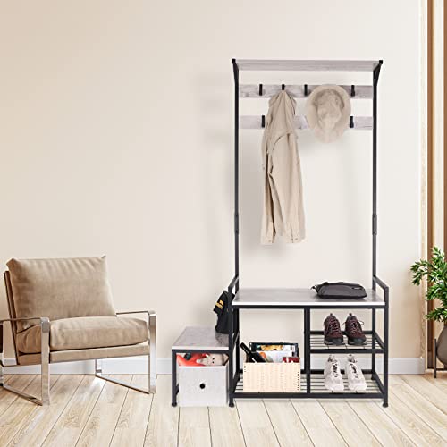 Homekoko Coat Rack Shoe Bench, Hall Tree Entryway With Sitting Bench, Wood Look Accent Furniture With Metal Frame, 4-In-1 Design (Greige & Black) #TOP1
