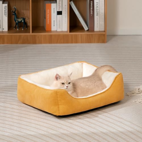 Hollypet Katzenbett Kleines Hundebett Haustierbett für Katzen und Welpen, Weiches Haustierschlafbett Atmungsaktives Haustierkissen, Gelb (55 * 45 * 15cm)