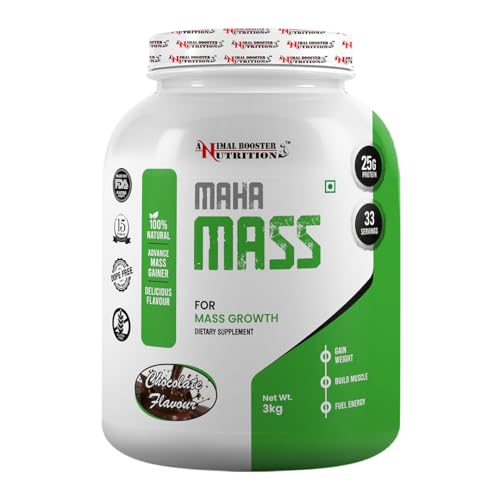 Image of Animal Booster Nutrition Maha Mass Gainer, 25 Grams of Protein in 90gm of Serving Helps in Gain Weight, Build Muscle & Fuel Energy - Chocolate Flavor (33 Servings /3KG)