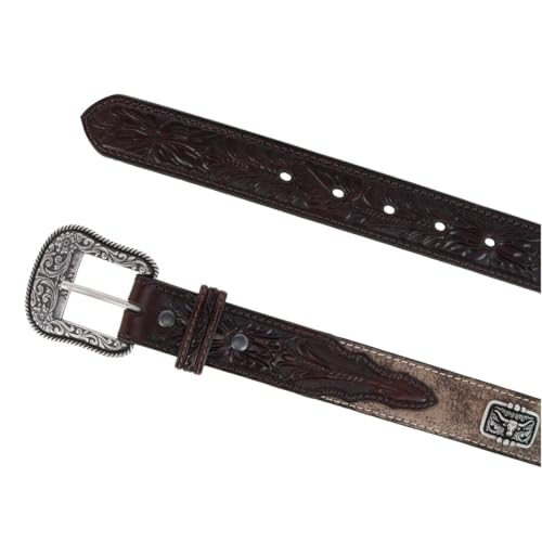 ARIAT Youth Boys Floral Tooling Longhorn Conchos Belt, Brown, 222