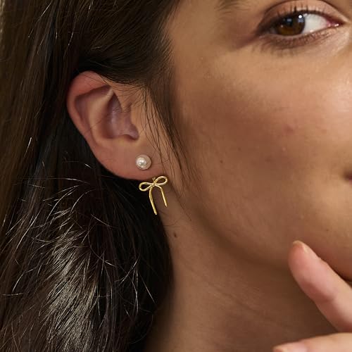 Pearl Earrings for Women Gold Hoop Earrings for Women Trendy 14K Gold Plated/Silver Bow Pearl Huggie Earring Hoops Twist Rope Bow Stud Pearl Dangle Cubic Zirconia Earrings Jewelry Gifts for Women3