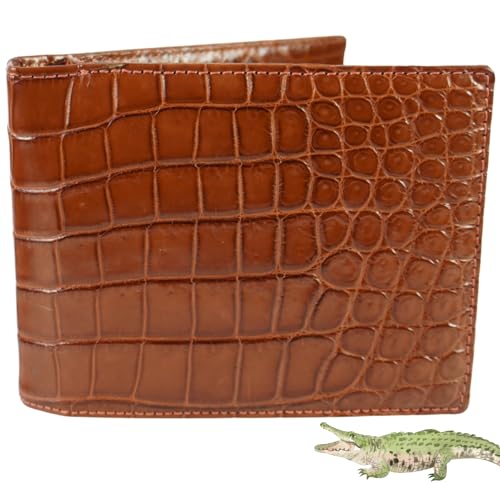 Genuine Crocodile Alligator Leather Skin Men Bifold Wallet With ID Sleave (Cognac-Belly)