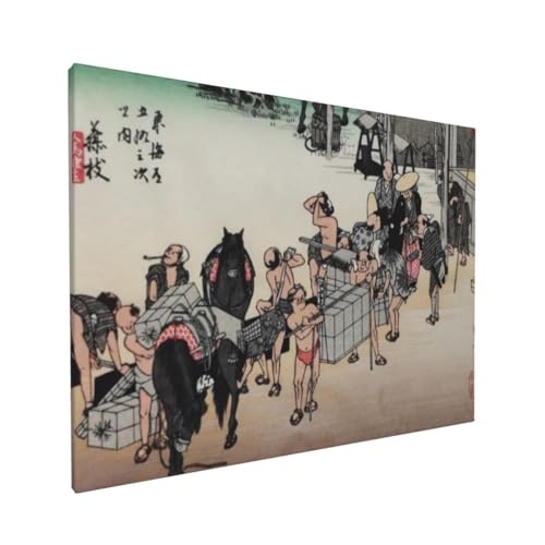 歌川広重 浮世絵 《東海道五拾三次之内 藤枝:人馬継立》ポスター 部屋飾り キャンバスウォールアート 印刷 版画 壁飾り 壁の絵 壁掛け ソファの背景絵画 40x30cm 木枠付きの完成品