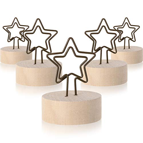Yaomiao 15 Pack Wooden Base Place Card Holders Rustic Iron Wire Picture Picks Clip Holder Stand Party Decoration Card Picture Memo Note Photo Clip(Star)