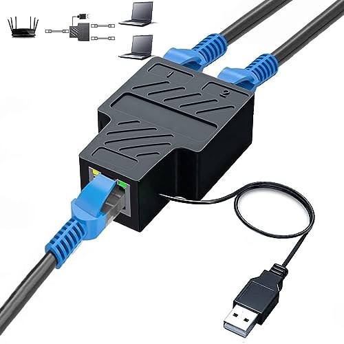 Pushua 100Mbps Ethernet Splitter - 1 in 2 Out, Supports Cat5/5e/6/7/8 Cables, USB Powered, Enables 2 Devices Simultaneous Networking