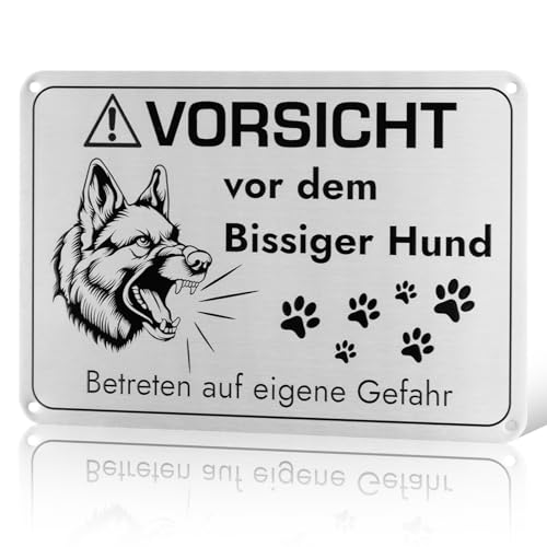 Vorsicht Bissiger Hund Schild, 22x15cm Bissiger Hunde Warnschilder, Achtung Hund Schilder mit Vorgebohrten Löchern, Hundeschilder Warnung, Vorsicht Hund Schild Aluminium Platte(Silber)