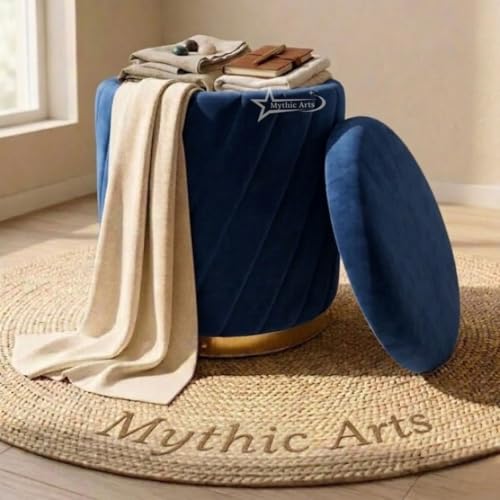 Image of Mythic ArtsRound Upholstered Sitting Stool & Footrest Velvet Storage Ottoman Pouffe16 X 16X 19 inch | Versatile Puffy for Living Room, Bedroom, and Office ? Chic Home Furnishings & Dcor Blue