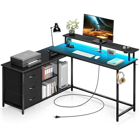 Seventable L Shaped Computer Desk with Drawers, Reversible Gaming Desk with LED Lights & Charging Port, Corner Desk with Storage Shelves & Monitor Stand for Home Office Black Cover