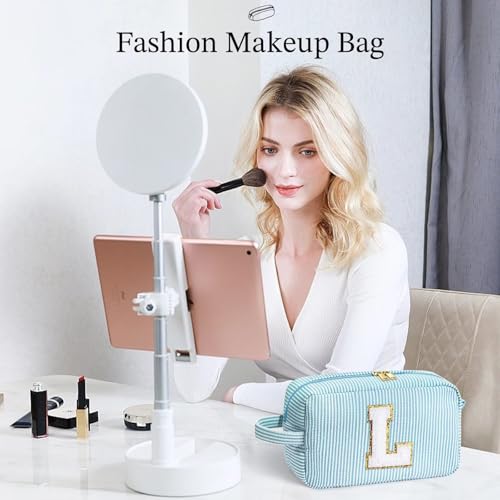 YOOLIFE Makeup Bag - Initial Monogram Cosmetic Bag, Personalized Blue Makeup Pouch Case for Women