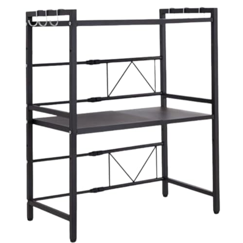 Bivoyud レンジラック レンジ上ラック 幅伸縮式 幅40〜60cm 棚板高さ調節可 耐荷重70kg キッチン収納 レンジボード (フック付き黒伸縮式二重層)