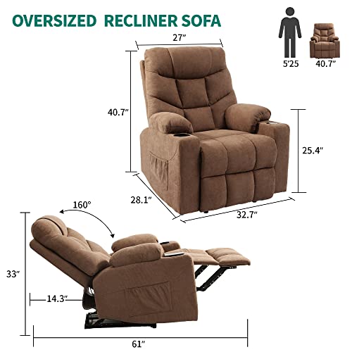 Yitahome Recliner Chair With Wireless Charging, Electric Power Recliner Chair With Massage For Elderly, Fabric Reclining Loveseat With Usb Ports, Side Pocket, Remote Control，Brown #TOP1