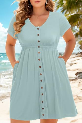 Image of Holipick Women's Plus Size Summer Dresses for Women Casual Dress with Pockets A-Line Swing Button Down Sleeveless V Neck