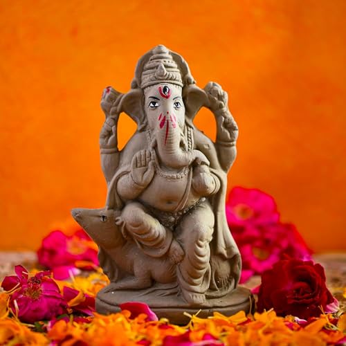 Image of SAUDEEP INDIA 6 Inch Mitti Ganesh Idol | Eco-Friendly Handcrafted Mud /Clay Ganesh Murti | Ganpati Figurine for Visarjan | Biodegradable Lotus Ganesha Statue | Ganesh Chaturthi (Mushak Ganesha)