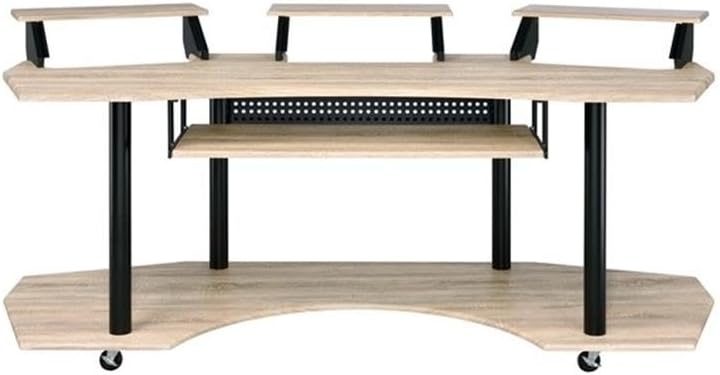 Pemberly Row Computer Desk, Brown Finish, Metal Tubular Frame with Casters, Rectangular Top with 3 Stands, Pull-Out Keyboard Tray, Open Bottom Shelf, Modern Home Office Workstation