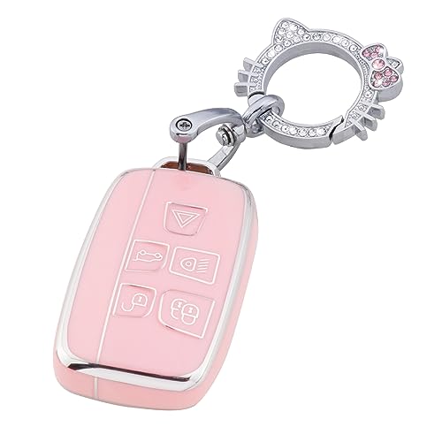 Image of Pangpai Pink Key Fob Cover for Land Rover Jaguar, Soft TPU Key Case Protection with Bling Keychain Fit for Evoque Velar Sport Discovery Freelander2 LR4 Sport Jaguar XF XJ XE F-PACE F-TYPE
