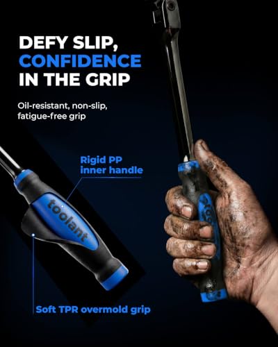 Image of toolant 3 /8 inch Drive Flex Head Ratchet Wrenches with Blue Rubber Handle, 90 Tooth Compact Flex Head Socket Ratchet Wrench, 12 Inch Length