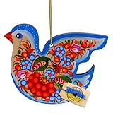Christbaumschmuck Vogel aus Holz 10.5 х 9.5 cm Beidseitig Handbemalt in der Ukraine nach Petrykiwka Tradition, Ukrainischer Weihnachtsschmuck für den Baum