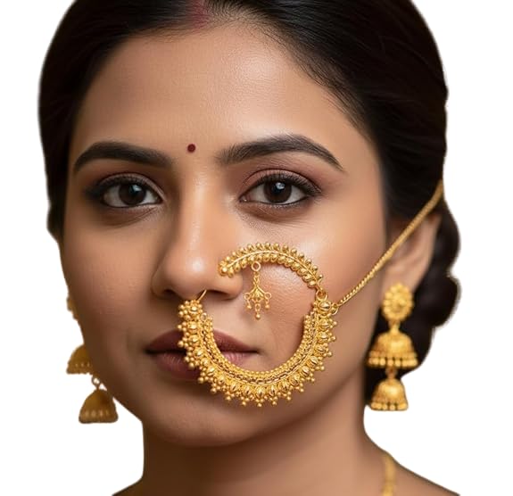 Gold-Plated Artificial and Handcrafted Pahadi Nath for Women with Chain | 3.5-Inch Traditional Nose Ring Featuring Intricate Design | Ideal for Weddings, Festivals, Cultural Celebrations, and Ethnic Wear-image-23