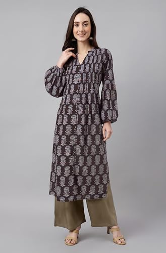 Image of Janasya Women's Pure Cotton Floral Printed A-line Kurta