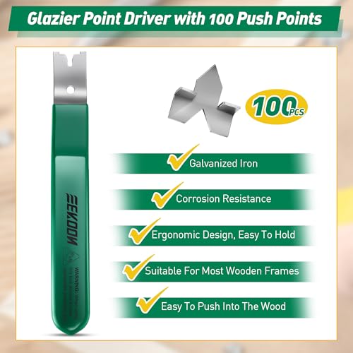 Image of Feekoon Glazier Point Driver, Glazier Setting Tool with 100 Push Points, Glazing Push Point Driver Tool for Framing Glass Picture Cross Stitch(Green,1 Pack)