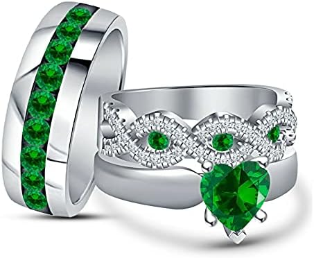 14K White Gold Over Heart & Round Cut Green Emerald & Diamond 925 Sterling Silver Diamond Wedding Engagement Trio Ring Set for His & Her