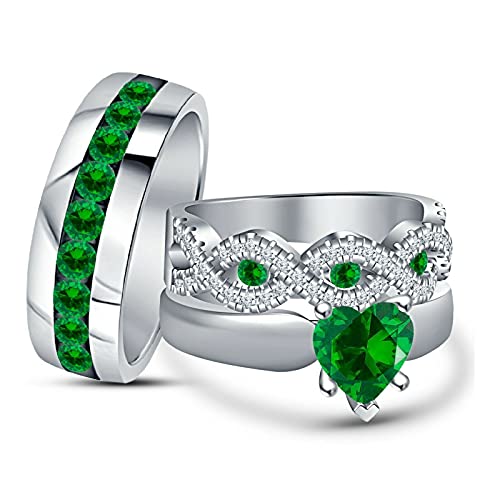 14K White Gold Over Heart & Round Cut Green Emerald & Diamond 925 Sterling Silver Diamond Wedding Engagement Trio Ring Set For His & Her #TOP1