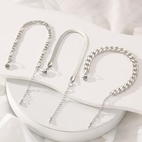 Image of 14K Gold Anklets for Women Waterproof Rhinestone Ankle Bracelet Layered Cuban Link Chain Diamond Anklet Beach Jewelry for Women (Silver-Anklets-C)