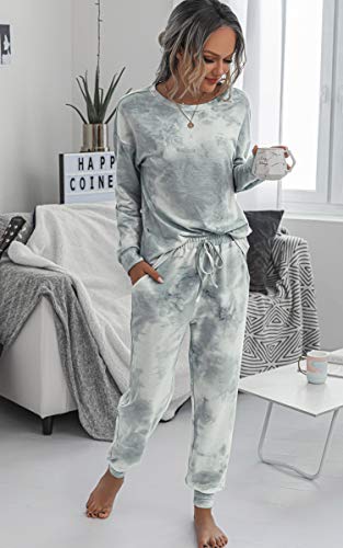 Spec4Y-Pyjama-Damen-Zweiteilige-Nachtwaesche-Tie-Dye-Druck-Langarm-Oberteil-Lang-Hose-Schlafanzug-Loungewear-mit-Taschen