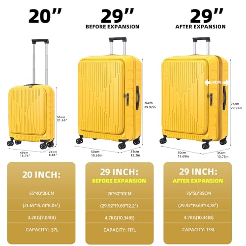 29 Inch Luggage with Expansion & Side Opening Design, 50 * 31(35)*76cm, 117L~133L Ligthweight ABS+PC Hardshell Checked Suitcase, Yellow - Image 3