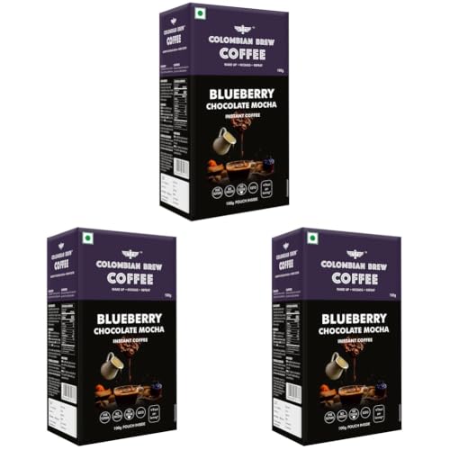 Image of COLOMBIAN BREW COFFEE Blueberry Chocolate Mocha Instant Coffee Powder Box, No Sugar, 100 Grams (Pack of 3)