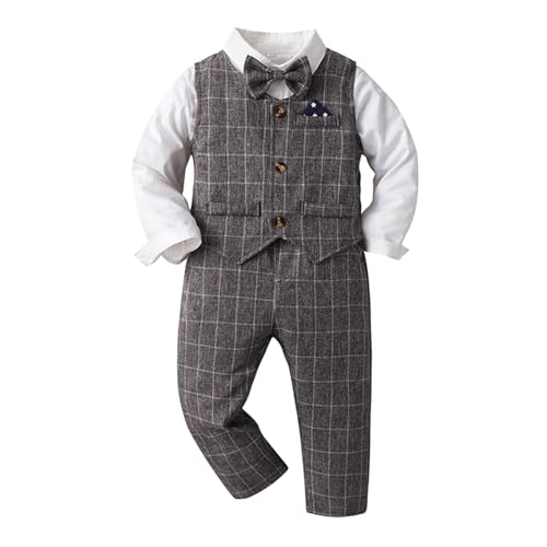 Conjunto de Camisa de Manga Larga para Niños Pequeños - Camisa a Cuadros, Tops, Pantalones, Abrigo con Corbata, 4 Piezas