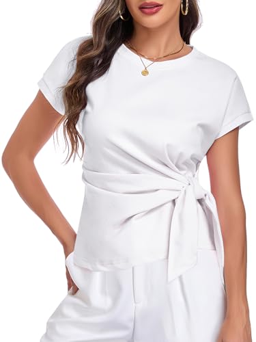 Image of HOTIAN Womens Cap Sleeve T Shirts 2026 Tie Waist Wrap Tops Crew Neck Blouses Dressy Casual Loose Work Business Dressy