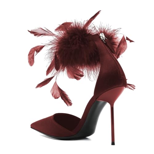 XYD Women Feather Ankle Strap D'Orsay Pumps Back Zip Sexy High Heels Pointed Toe Stylish Evening Club Shoes4