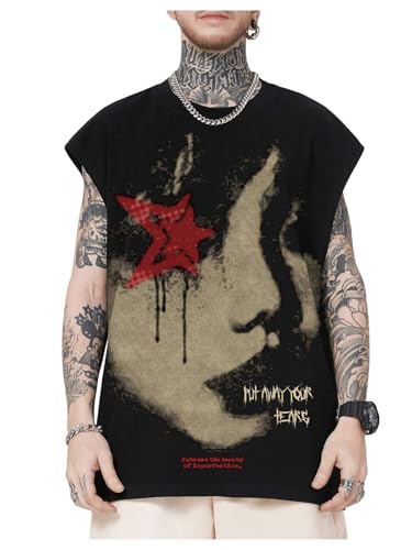 VIPWOLF Men's Face Graphic Y2k Tank Tops Star Print Crew Neck Sleeveless Shirts Streetwear Black Small