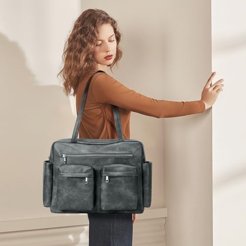 Image of KALIDI Tote Bag Vegan Leather Women Pocket Utility Bag Faux Leather Shoulder Travel Purse Vintage Handbag for Work