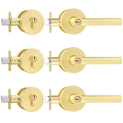 Leydebong 3 Pack Door Handleset With Single Cylinder Deadbolt, Gold Deadbolt, Reversible For Right And Left Side Single Keyed Alike Deadbolt Lock Set #TOP29