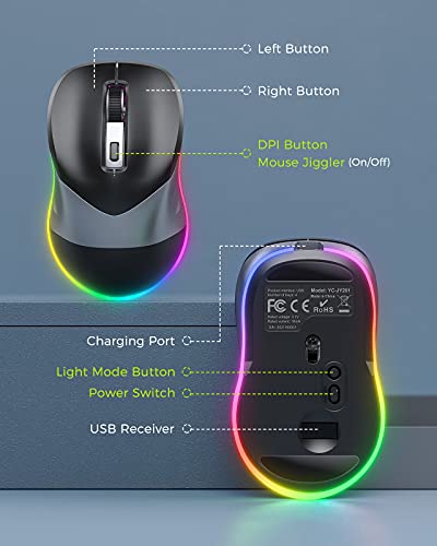 PEIOUS Wireless Mouse, Jiggler Mouse for Laptop - LED Mouse Rechargeable Computer Mice Mouse Mover Undetectable Random Movement with On/Off Button Keeps Computer Awake - Black&Grey - Image 6
