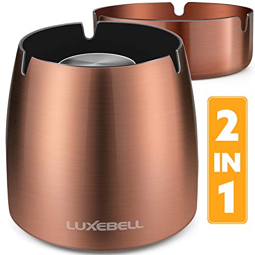 Luxebell Cenicero resistente al viento con tapa de acero inoxidable con cenicero portátil antideslizante para jardín y balcón latón