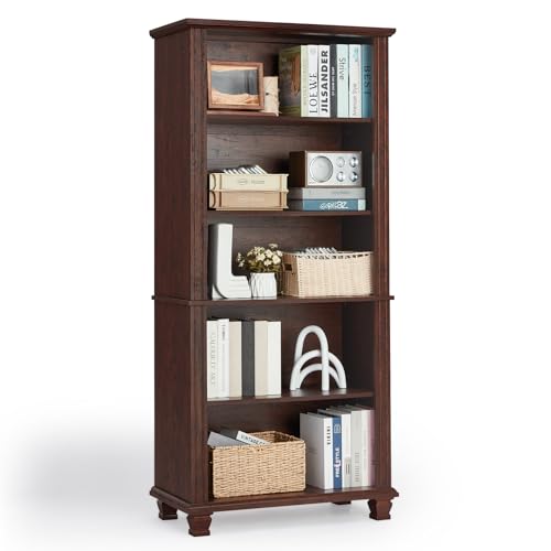 SAVOR LIFE 70' Tall Walnut Bookshelf,5 Tier Wooden Book Shelf with Adjustable Shelves & Wood Legs,Free Standing Farmhouse Bookcase with Open Display Storage,Vintage Bookshelves for Classroom, Office