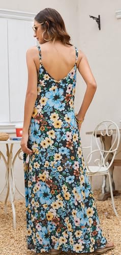Image of Supnier Women's Summer Maxi Dress Casual V-Neck Sleeveless Bohemian Spaghetti Strap Floral Long Maxi Dress with Pockets