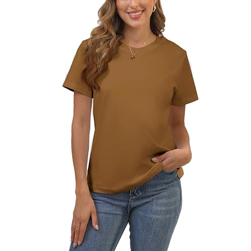 100% Cotton Premium Women's Brown Short Sleeve Crew Neck T-Shirt, Regular Fit Casual T Shirt Tops, Basic Tees, Tshirt, Tshirt